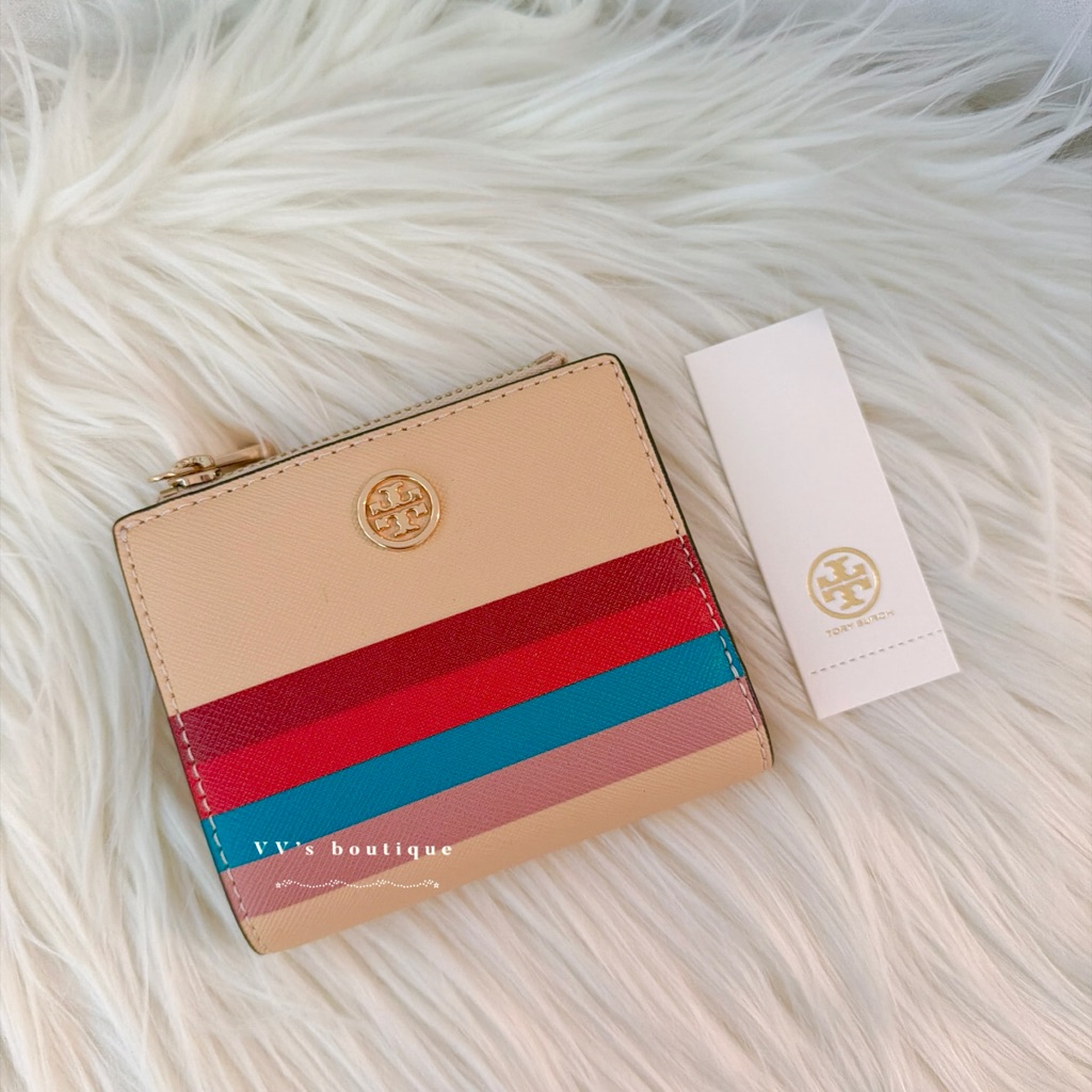 Nwt Tory Burch Gift Giving Mini Wallet Leather New Ivory Check Striped 61590